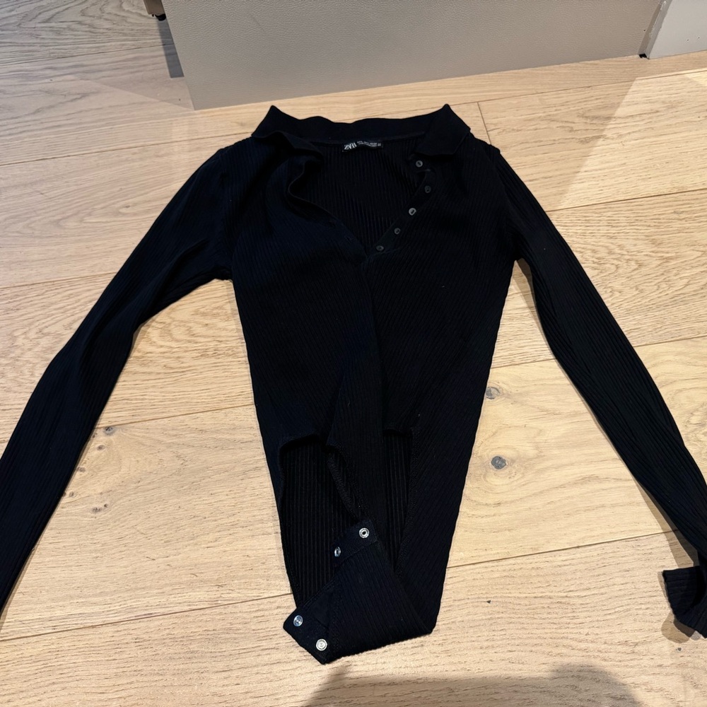 Zara Black Ribbed Bodysuit with Button Detail